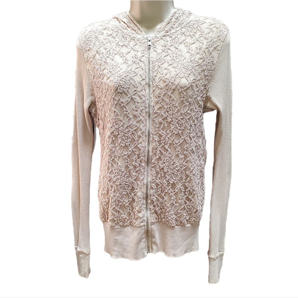 American Age Cream Lace Waffle Knit Hooded Zip Sweater Jacket